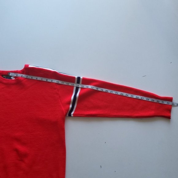 Vintage Red sweater with white navy stripes on sleeve and shoulder, acry… - Picture 7 of 11